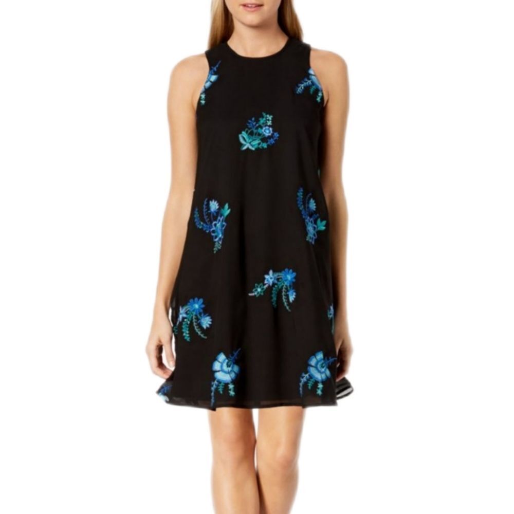 Calvin Klein Embroidered Floral Chiffon A-Line Mini Dress Women's 4 Black Sheer